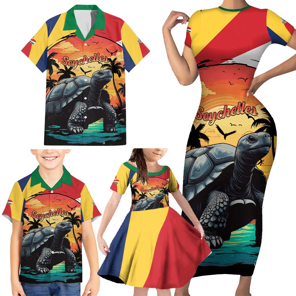 Personalised Seychelles Aldabra Giant Tortoise Family Matching Short Sleeve Bodycon Dress and Hawaiian Shirt Beach Sunset - Wonder Print Shop