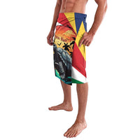 Personalized Seychelles lavalava beach sarong, side view, tortoise and palm graphic