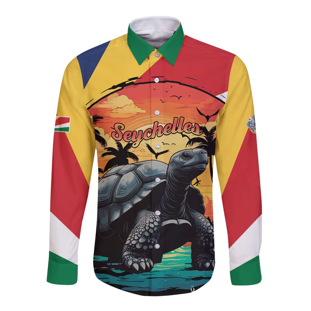 Colorful long sleeve button shirt with tortoise beach graphic and Seychelles text