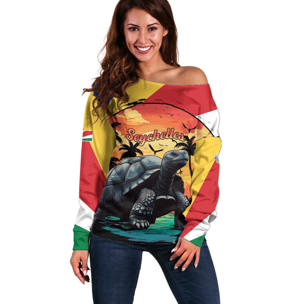 Personalised Seychelles Aldabra Giant Tortoise Off Shoulder Sweater Beach Sunset