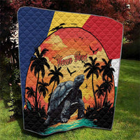 Personalized Seychelles Aldabra giant tortoise quilt, tortoise, palms, sunset on quilted fabric.