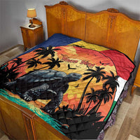 Personalized Seychelles Aldabra giant tortoise quilt, tropical sunset with palms and 'Your Text'.