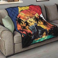 Personalized Seychelles Aldabra giant tortoise quilt, tropical palms around a tortoise at sunset