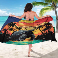 Personalised Seychelles sarong with red-yellow sunset scene, palm trees and tortoise