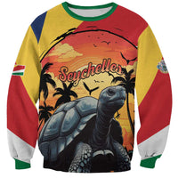 Colorful sweatshirt with giant tortoise front graphic and 'Seychelles' lettering, long sleeves