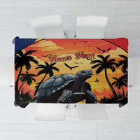 Personalized tablecloth with giant tortoise and palms beach scene, red-orange border