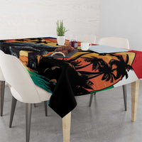 Personalized tablecloth draped on dining table, tropical tortoise and palm silhouettes