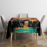 Personalized tablecloth on table with chairs, teal ocean and jungle tortoise design