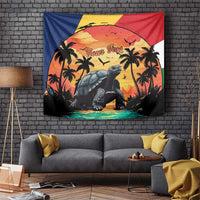 Personalised beach sunset tapestry with giant tortoise, palm trees, birds, and custom text