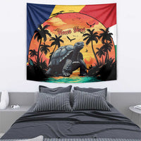 Personalised giant tortoise beach sunset tapestry with palm silhouettes and custom text