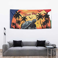 Personalised giant tortoise beach sunset wall tapestry with palm trees and custom text