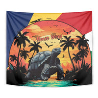 Personalised close-up beach sunset tapestry with giant tortoise, palms, and custom text