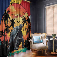 Personalized window curtains featuring giant tortoise artwork and custom text over tropical palms