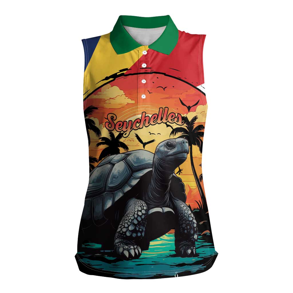 Personalised Seychelles Aldabra Giant Tortoise Women Sleeveless Polo Shirt Beach Sunset - Wonder Print Shop