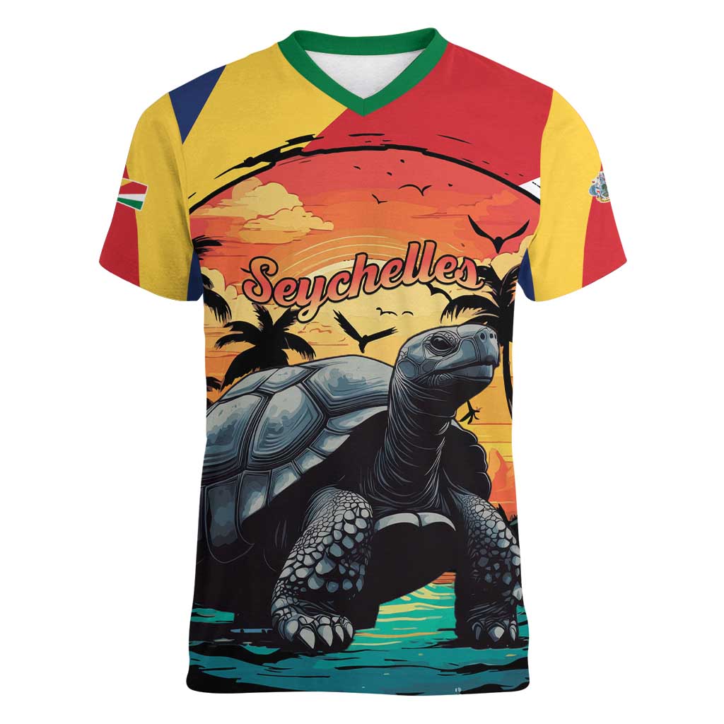 Personalised Seychelles Aldabra Giant Tortoise Women V-Neck T-Shirt Beach Sunset - Wonder Print Shop