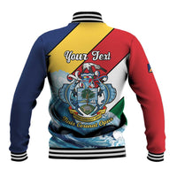 Multicolor baseball jacket back with striped collar, coat of arms crest, and 'Your Text'