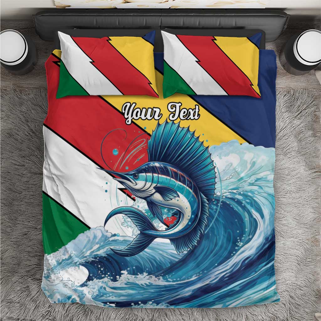 Personalised bedding set with sailfish wave artwork, red green yellow blue striped panels