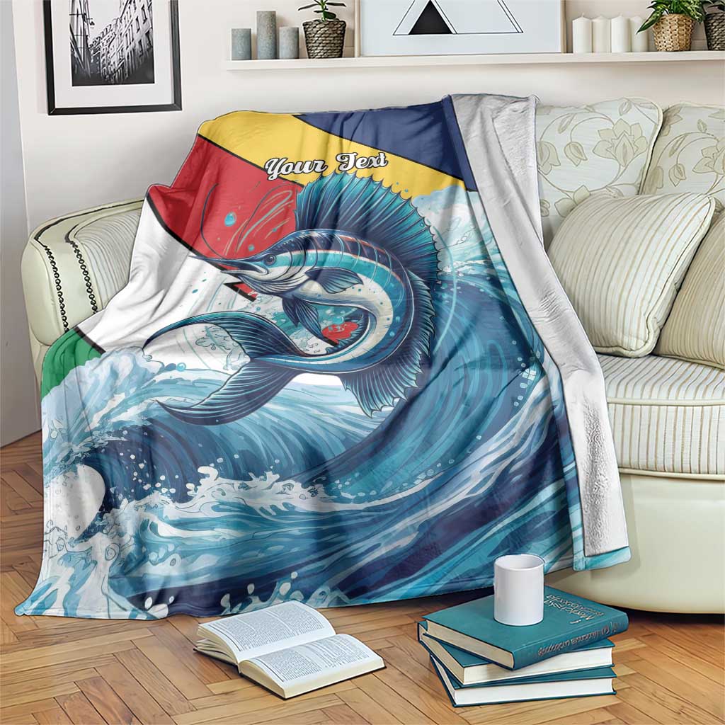 Personalized sailfish blanket with "Your Text" and blue ocean wave design, red/yellow edges