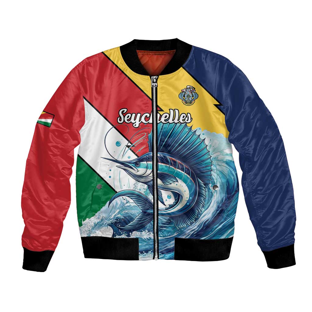 Colorful bomber jacket with sailfish graphic and yellow crest on front.