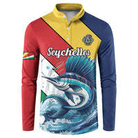 Color-block button sweatshirt with sailfish graphic, Seychelles text, and coat of arms crest