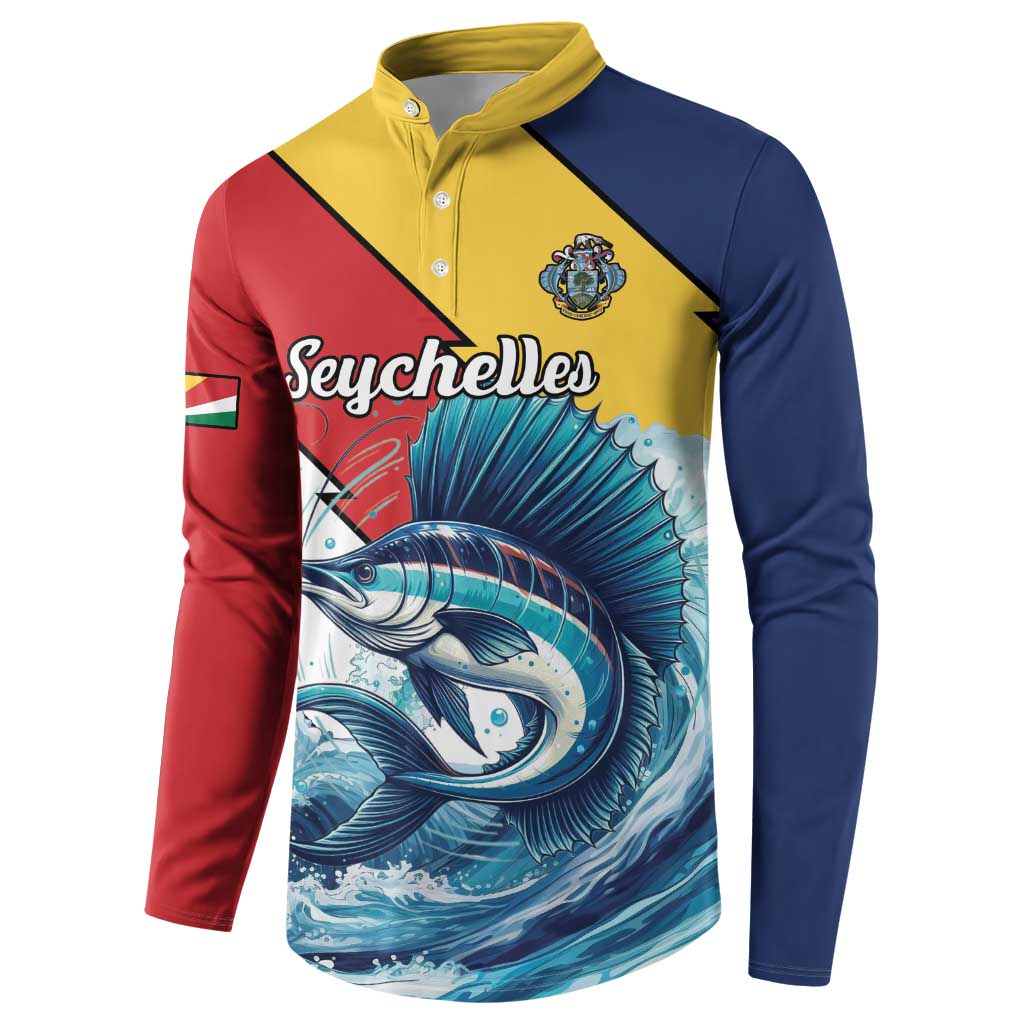 Color-block button sweatshirt with sailfish graphic, Seychelles script, and coat of arms crest