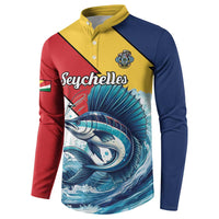 Color-block button sweatshirt with sailfish graphic, Seychelles script, and coat of arms crest