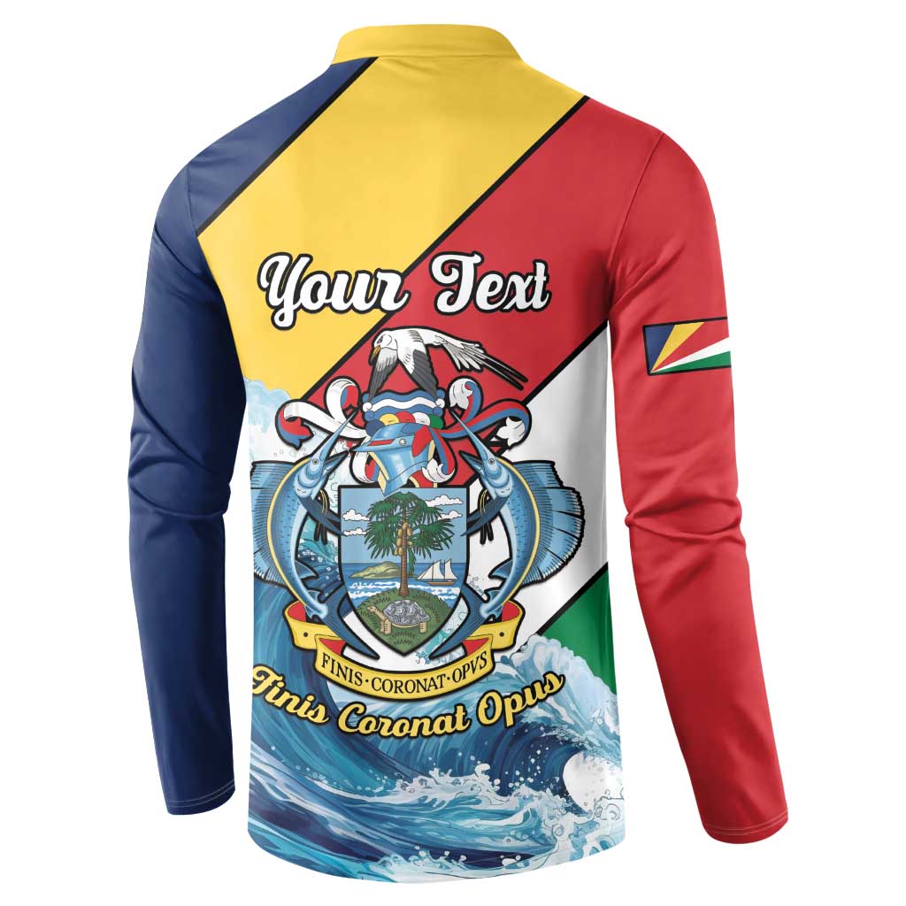 Back view button sweatshirt with “Your Text” and coat of arms crest, ocean wave print