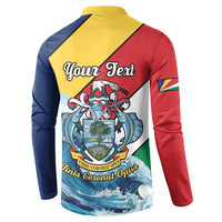 Back view button sweatshirt with “Your Text” and coat of arms crest, ocean wave print