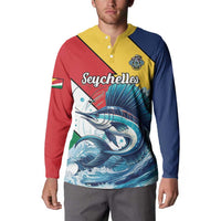 Sailfish button sweatshirt in red, yellow, and blue with Seychelles logo and crest