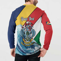 Back view “Your Text” button sweatshirt with ocean crest and red, yellow, blue panels