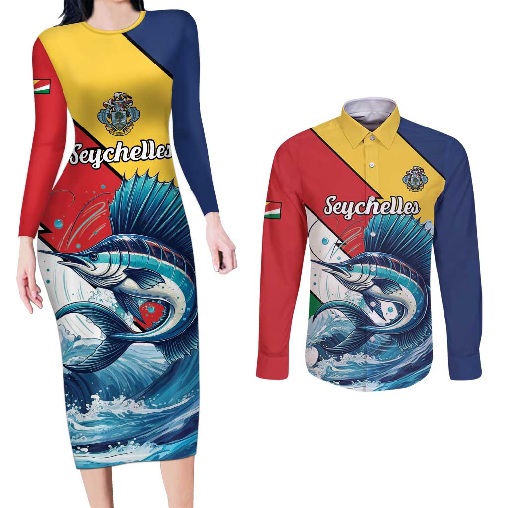 Personalised Seychelles Sailfish Couples Matching Long Sleeve Bodycon Dress and Long Sleeve Button Shirt With Coat Of Arms - Wonder Print Shop