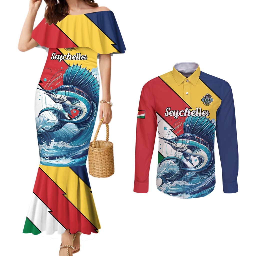 Personalised Seychelle Sailfish Couples Matching Mermaid Dress and Long Sleeve Button Shirt With Coat Of Arms