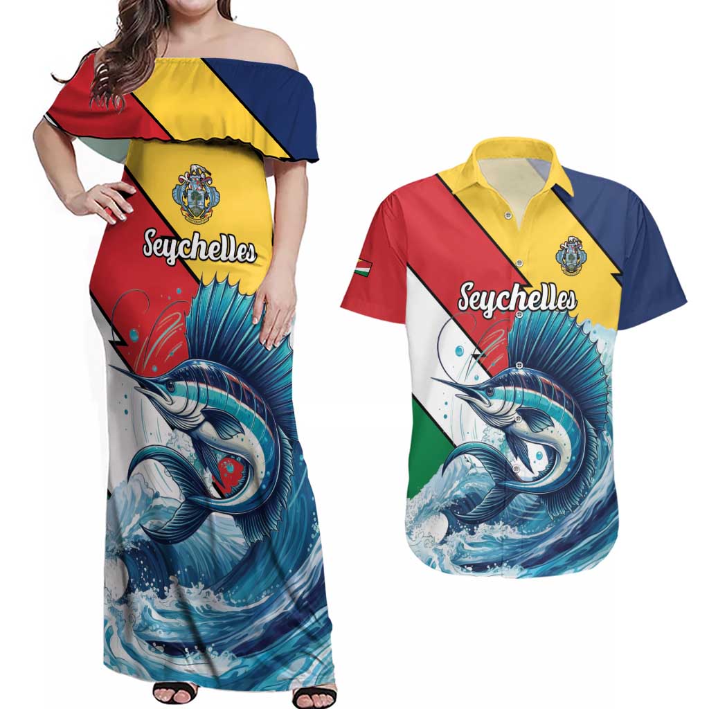 Personalised Seychelles Sailfish Couples Matching Off Shoulder Maxi Dress and Hawaiian Shirt With Coat Of Arms - Wonder Print Shop