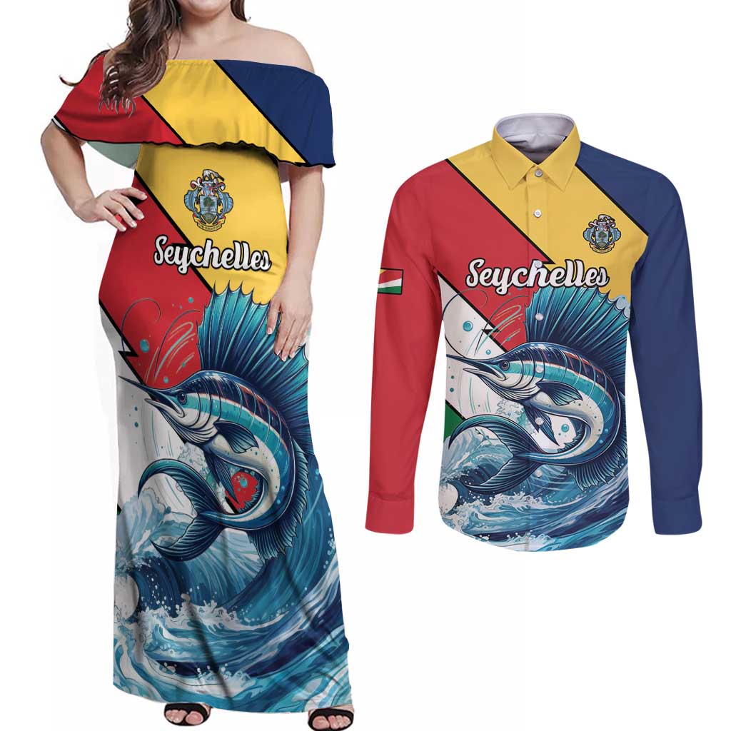 Personalised Seychelles Sailfish Couples Matching Off Shoulder Maxi Dress and Long Sleeve Button Shirt With Coat Of Arms - Wonder Print Shop