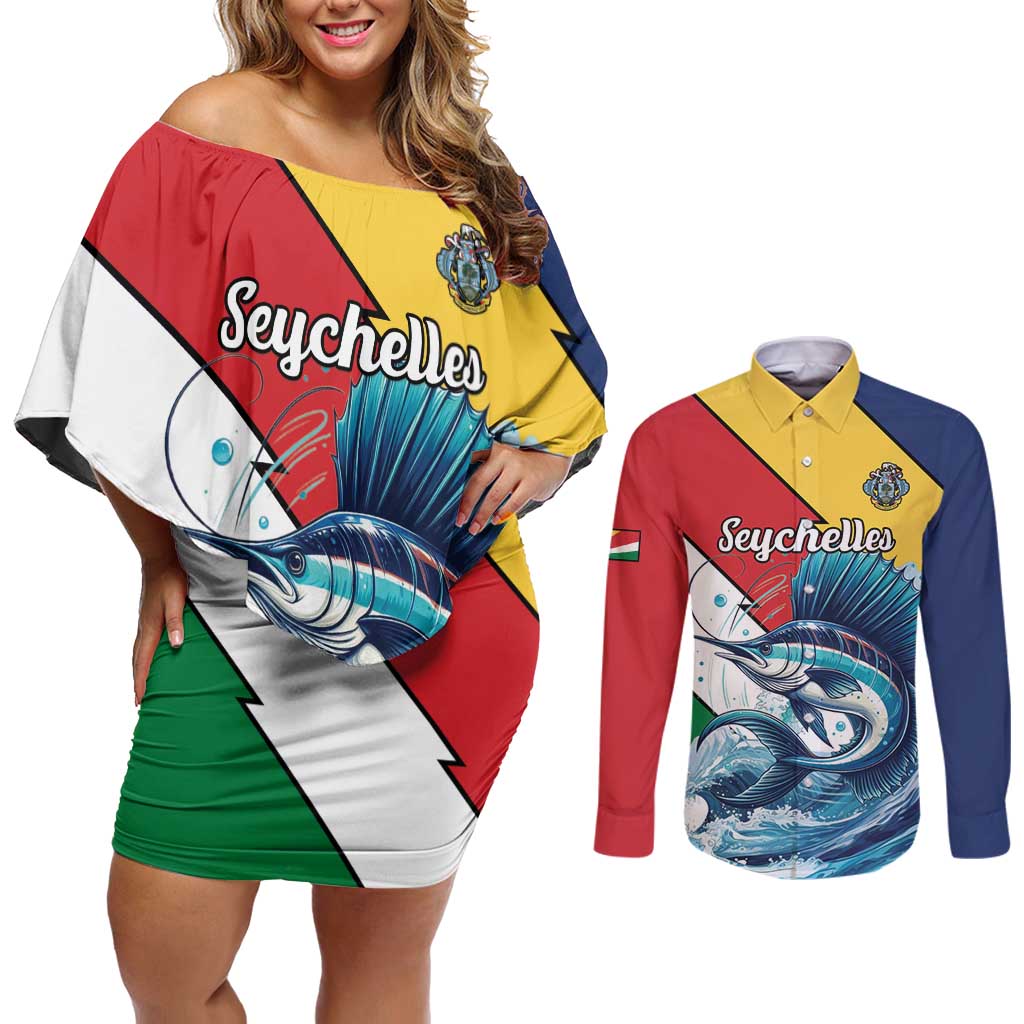 Personalised Seychelles Sailfish Couples Matching Off Shoulder Short Dress and Long Sleeve Button Shirt With Coat Of Arms - Wonder Print Shop