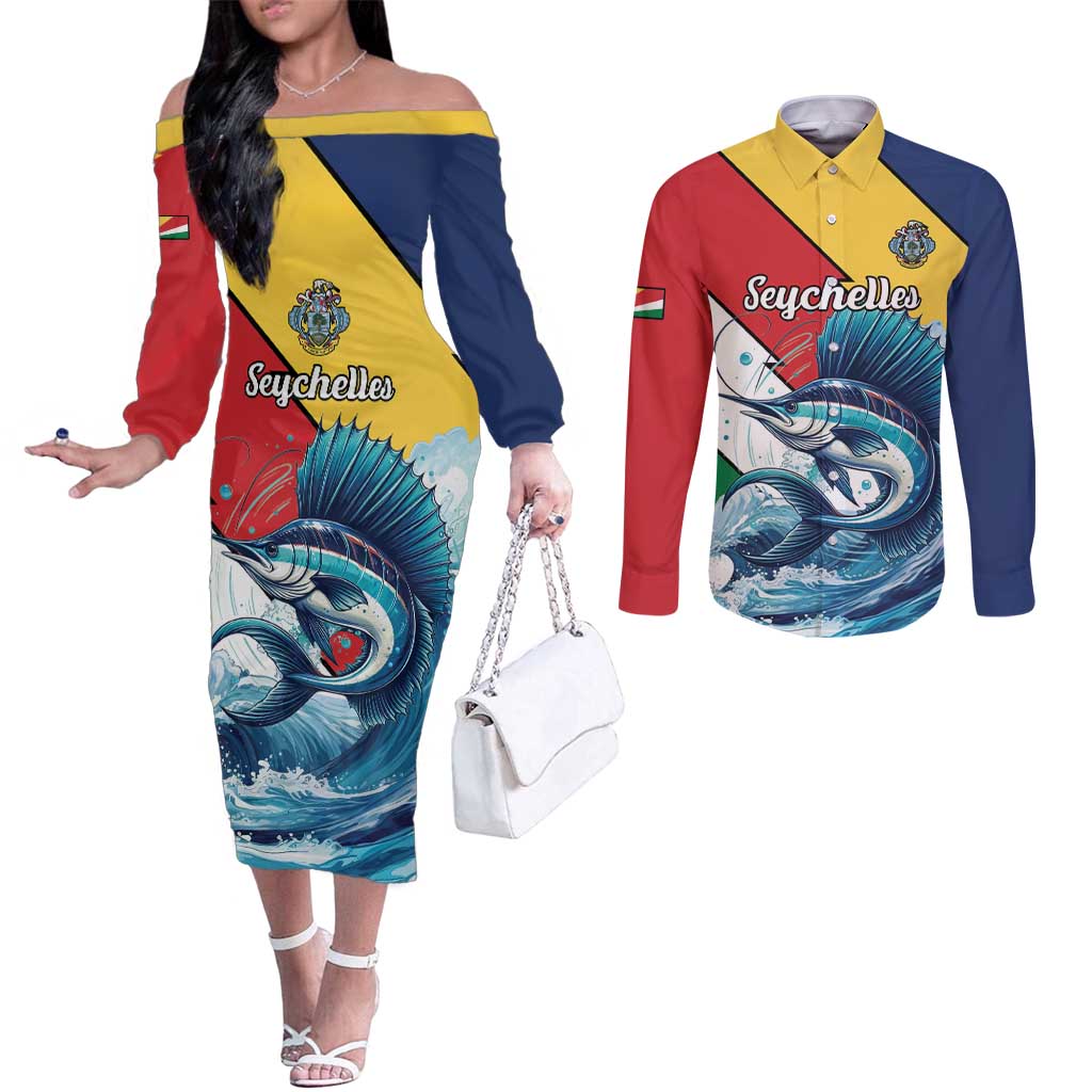 Personalised Seychelle Sailfish Couples Matching Off The Shoulder Long Sleeve Dress and Long Sleeve Button Shirt With Coat Of Arms