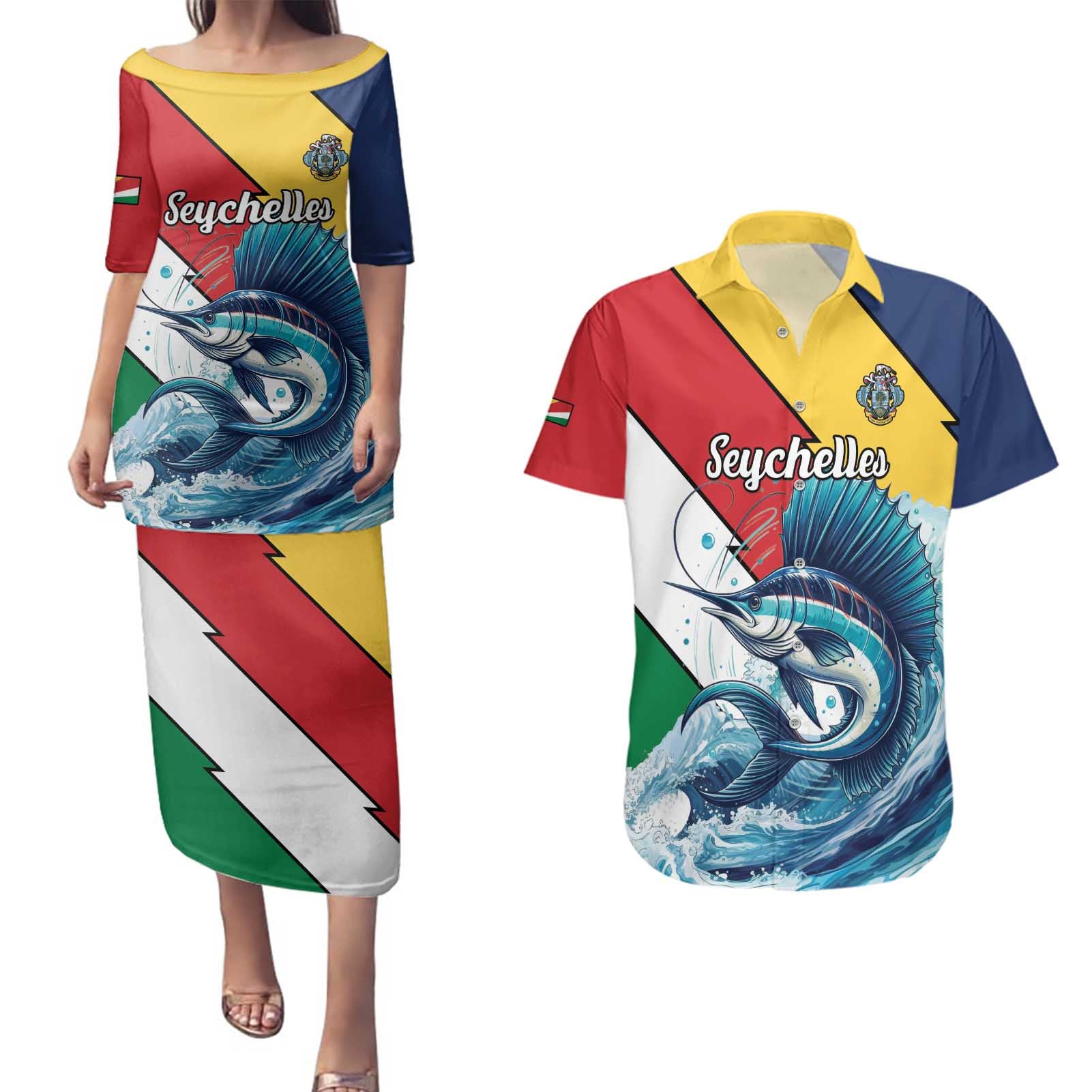 Personalised Seychelles Sailfish Couples Matching Puletasi and Hawaiian Shirt With Coat Of Arms - Wonder Print Shop