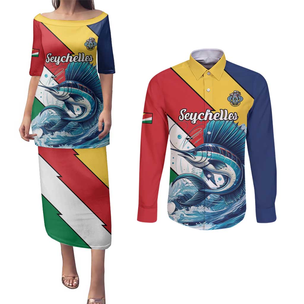 Personalised Seychelles Sailfish Couples Matching Puletasi and Long Sleeve Button Shirt With Coat Of Arms - Wonder Print Shop