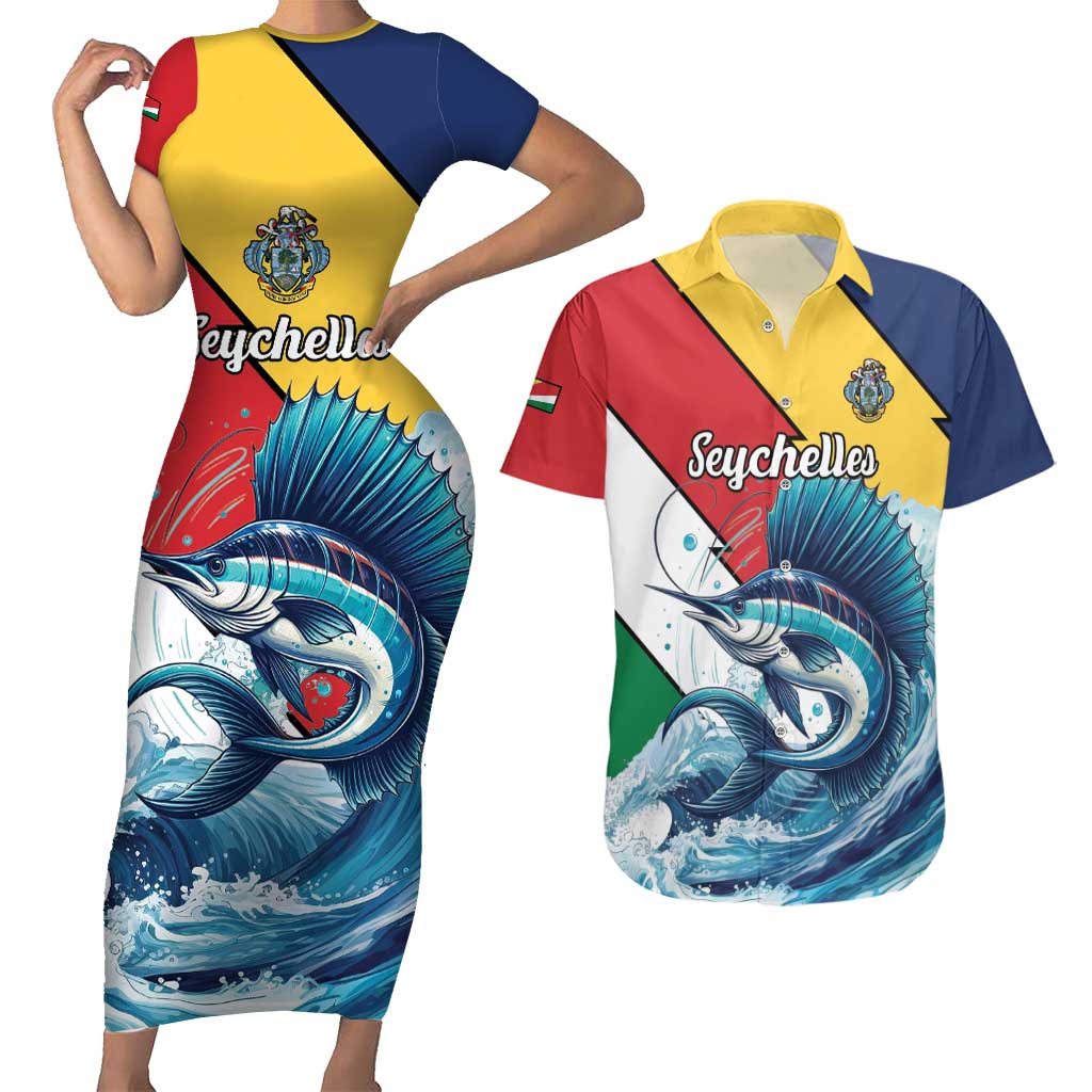 Personalised Seychelles Sailfish Couples Matching Short Sleeve Bodycon Dress and Hawaiian Shirt With Coat Of Arms - Wonder Print Shop