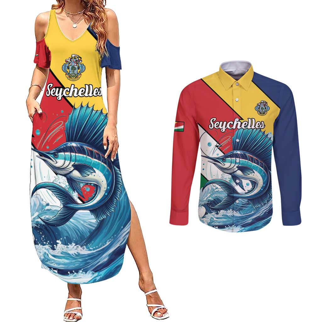 Personalised Seychelles Sailfish Couples Matching Summer Maxi Dress and Long Sleeve Button Shirt With Coat Of Arms - Wonder Print Shop