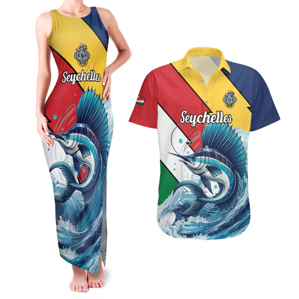 Personalised Seychelles Sailfish Couples Matching Tank Maxi Dress and Hawaiian Shirt With Coat Of Arms - Wonder Print Shop