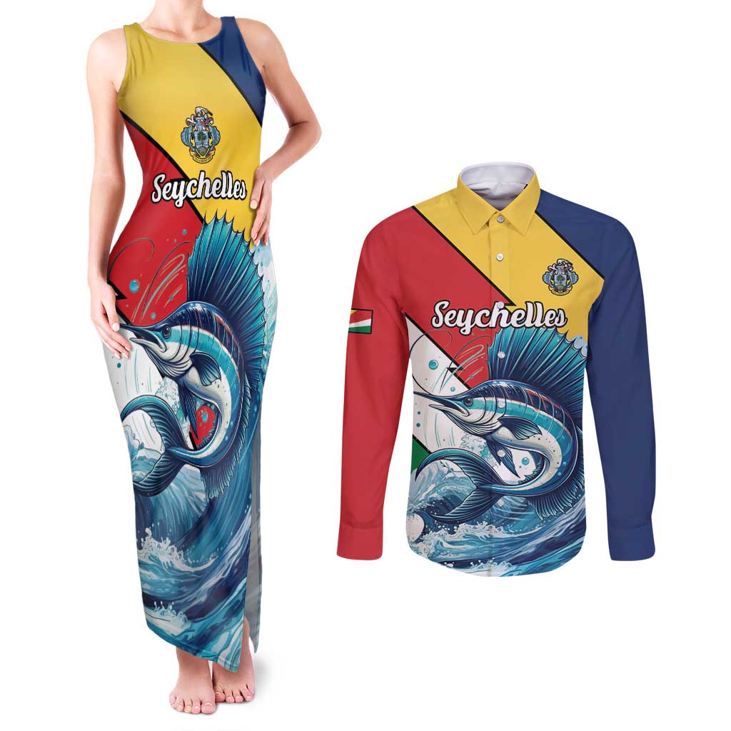 Personalised Seychelles Sailfish Couples Matching Tank Maxi Dress and Long Sleeve Button Shirt With Coat Of Arms - Wonder Print Shop