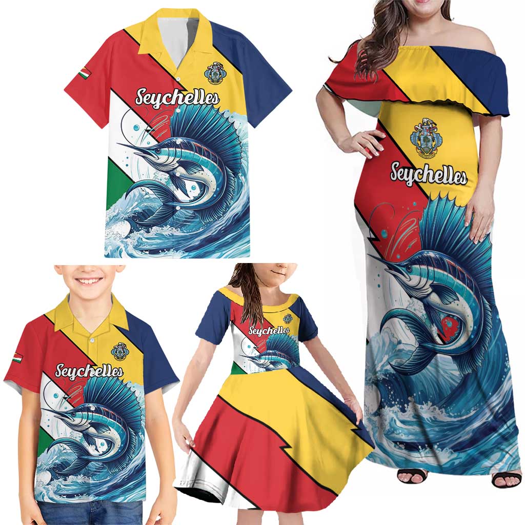 Personalised Seychelles Sailfish Family Matching Off Shoulder Maxi Dress and Hawaiian Shirt With Coat Of Arms - Wonder Print Shop