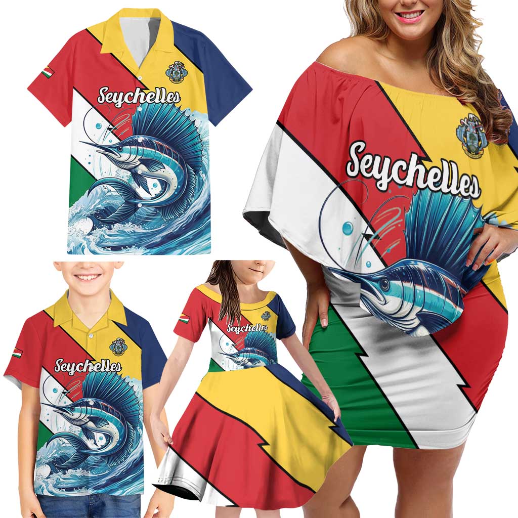 Personalised Seychelles Sailfish Family Matching Off Shoulder Short Dress and Hawaiian Shirt With Coat Of Arms - Wonder Print Shop