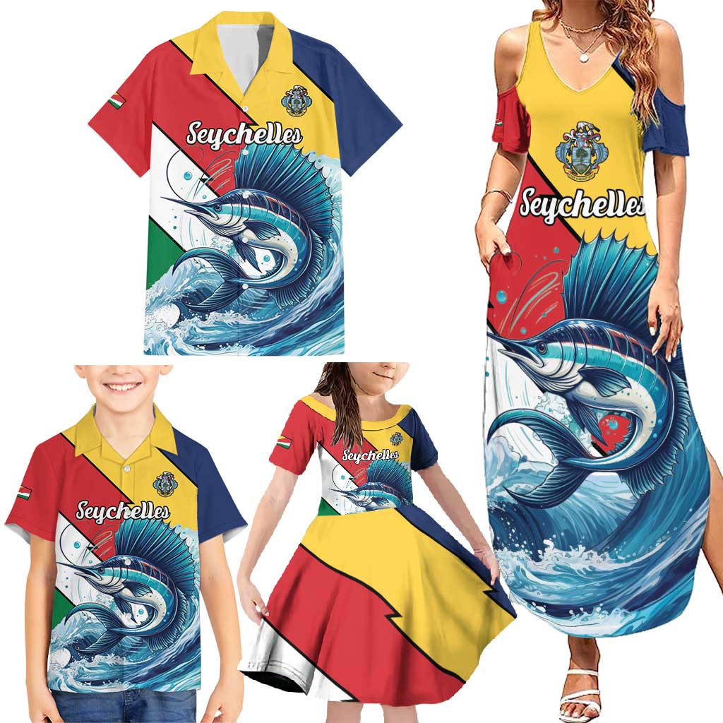 Personalised Seychelles Sailfish Family Matching Summer Maxi Dress and Hawaiian Shirt With Coat Of Arms - Wonder Print Shop