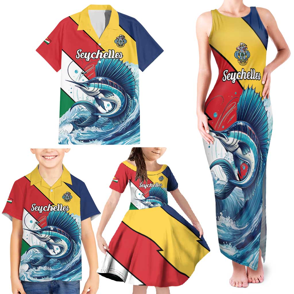 Personalised Seychelles Sailfish Family Matching Tank Maxi Dress and Hawaiian Shirt With Coat Of Arms - Wonder Print Shop