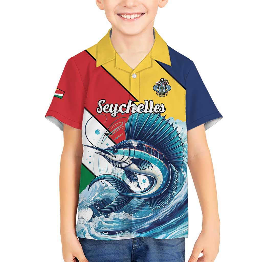 Personalised Seychelles Sailfish Kid Hawaiian Shirt With Coat Of Arms - Wonder Print Shop