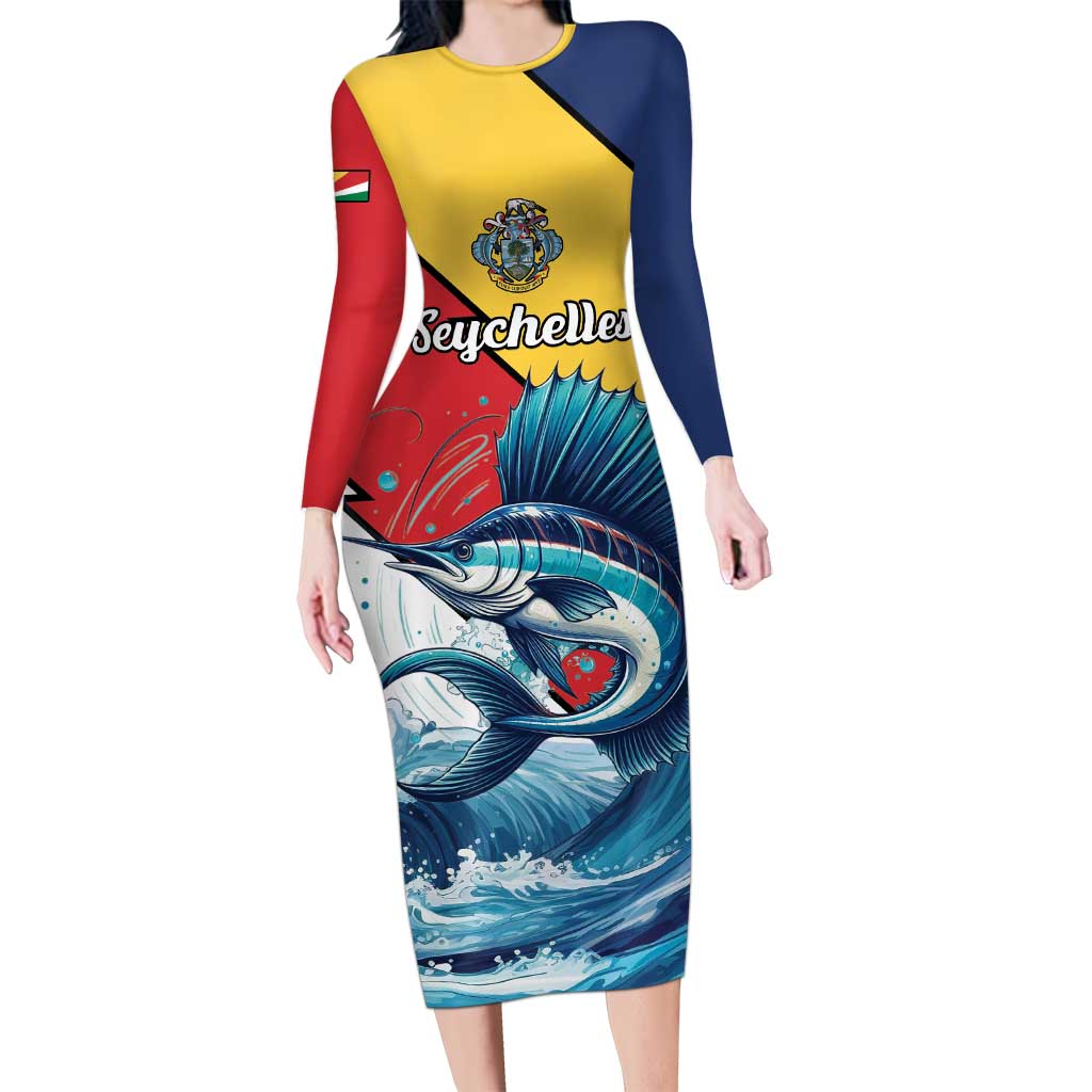 Personalised Seychelles Sailfish Long Sleeve Bodycon Dress With Coat Of Arms - Wonder Print Shop