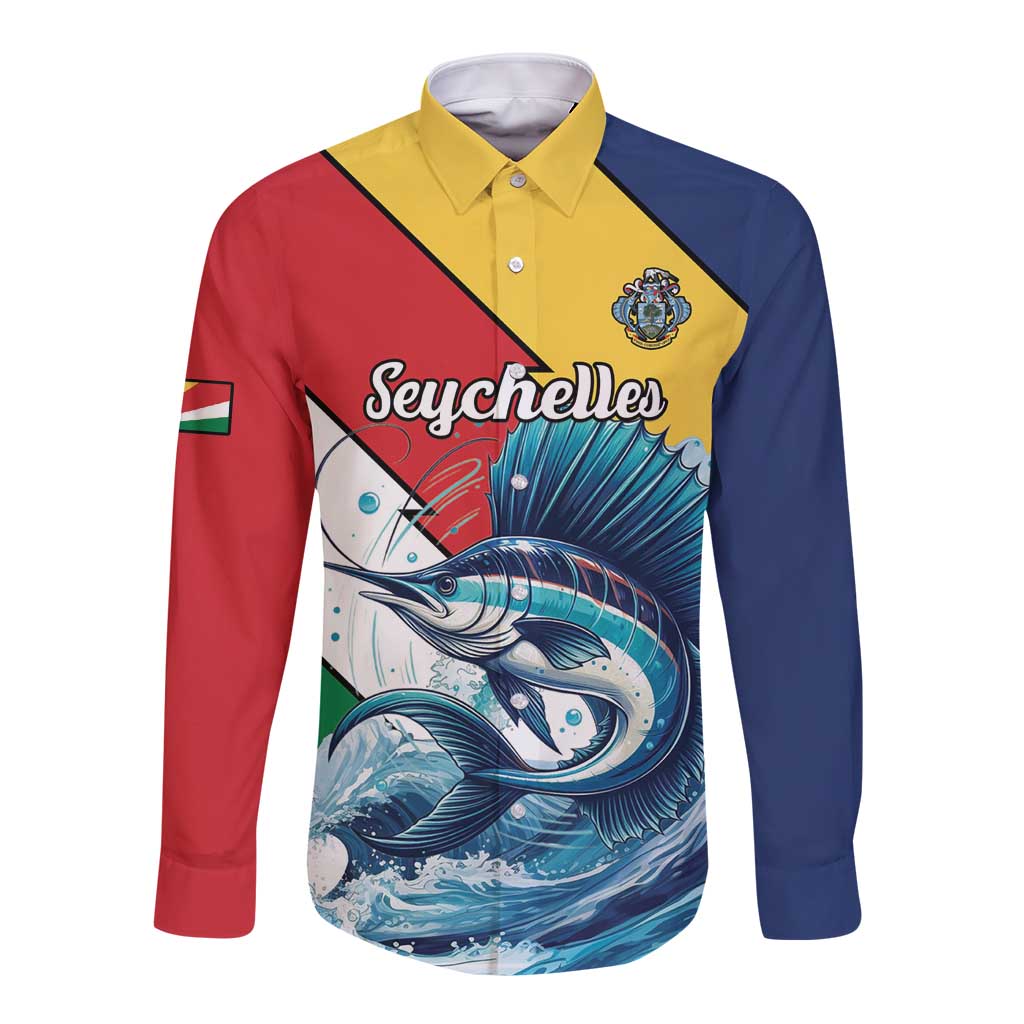 Colorful long-sleeve button shirt with sailfish graphic and crest panel
