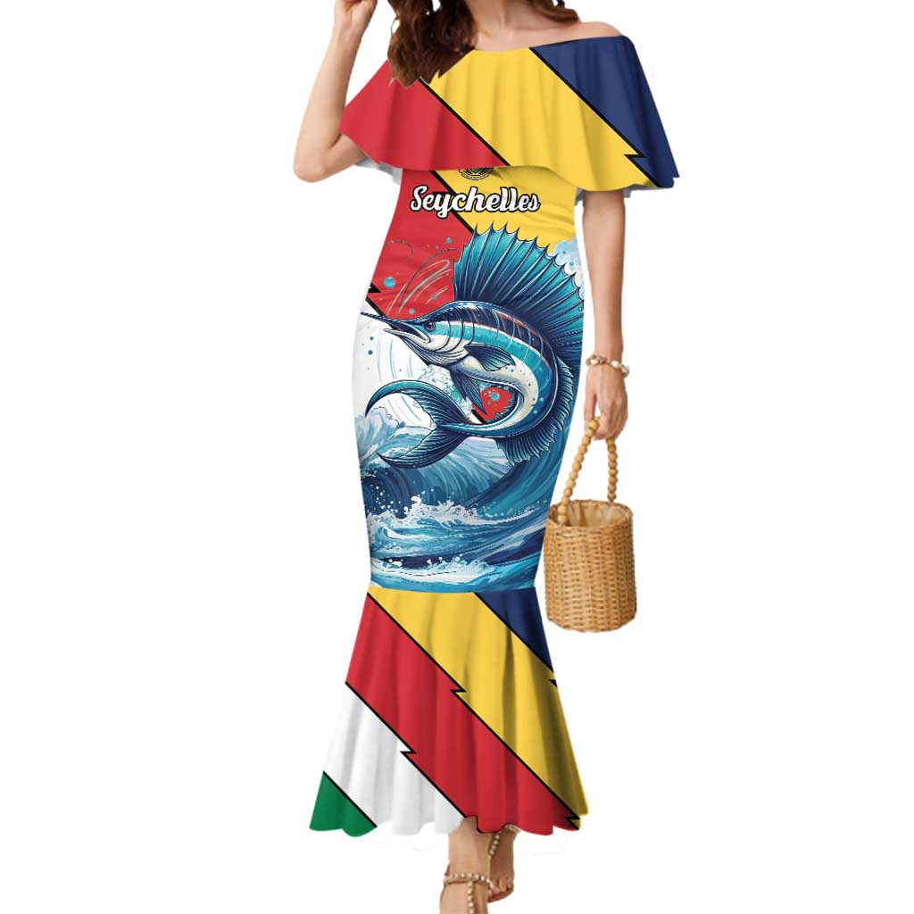 Personalised Seychelles Sailfish Mermaid Dress With Coat Of Arms - Wonder Print Shop